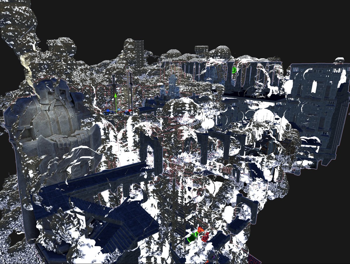 Wide Unity editor view of rocky cave terrain, environmental props, platforms, and structures.