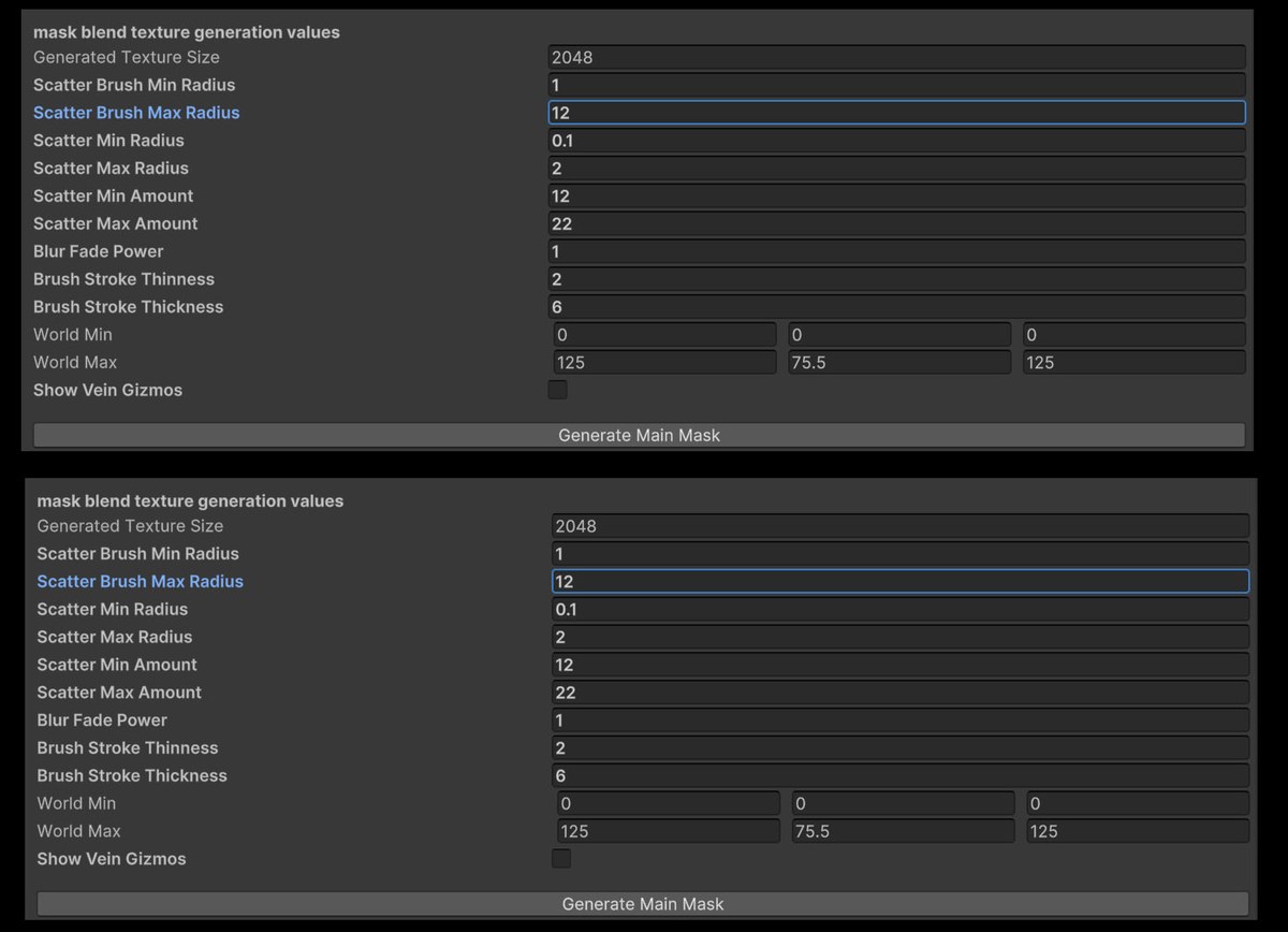 Unity editor controls for scatter radius, the number of circles, edge softness, brush size, and world bounds.