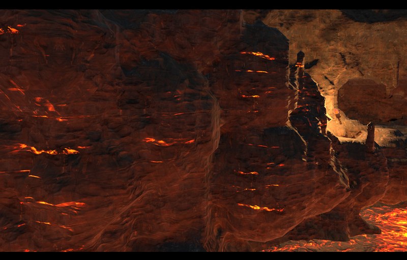 Rocky cave walls with thin orange lava veins and warm light.