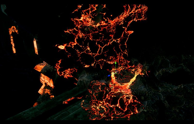 Bright, branching lava patterns across dark rocky cave surfaces.